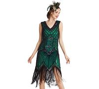 BABEYOND Robe Great Gatsby des années 1920 à col en V perlée à franges Robes Charleston pour femmes, Vert foncé, L