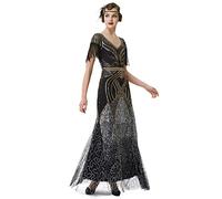 BABEYOND Robe Longue à Franges pour Femme - Robe Longue à Paillettes - pour fête Gatsby Le Magnifique, Noir/doré, Taille XS