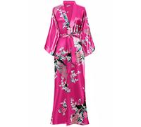 BABEYOND Robe Longue Satin Femme Robe de Chambre Paon Femme Longue Kimono Femme Nuit Chemise de Nuit Longue Satin Soirée Pyjama 53"/135cm (Rouge)