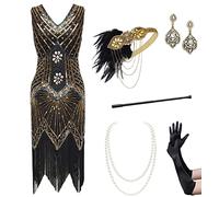BABEYOND Robe Pailletté pour Femme-Gatsby Costume Set Années 1920 Déguisement Rétro 6Pcs Accessoires pour Fêtes et Soirée,XXL