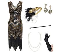 BABEYOND Robe Pailletté pour Femme-Gatsby Costume Set Années 1920 Déguisement Rétro 6Pcs Accessoires pour Fêtes et Soirée,L