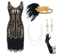 BABEYOND Robe rétro années 1920 pour femme avec deux couches de pompons, col en V, costume de fête à thème Gatsby, robe de fête costumée, Ensemble - Noir, S