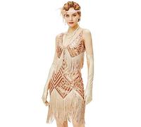 BABEYOND Robe Style années 1920 avec col en V pour Femme, Style Gatsby Le Magnifique, Rose Gold, Taille S