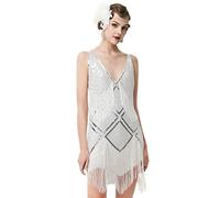 BABEYOND Robe style années 1920 avec décolleté en V pour femmes, robe de fêtes, style Gatsby le Magnifique, blanc, Taille L