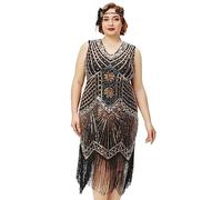 BABEYOND Robes de soirée pour Femmes - Grande Taille - Robe Gatsby des années 1920 dotée d'un col en V, de Perles et de Franges, doré, Taille 4XL