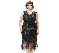 BABEYOND Robes de soirée pour Femmes - Grande Taille - Robe Gatsby des années 1920 dotée d'un col en V, de Perles et de Franges, Noir Glamour, XX-Large