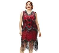 BABEYOND Robes de soirée pour Femmes - Grande Taille - Robe Gatsby des années 1920 dotée d'un col en V, de Perles et de Franges, Rouge, Taille 4XL