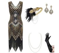 BABEYOND Robes de soirée pour Femmes - Robe Gatsby des années 1920 avec col en V et Perles et Franges, Ensemble - Doré, Large