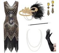 BABEYOND Robes de soirée pour femmes - Robe Gatsby des années 1920 dotée d'un col en V, de perles et de franges, Lot - Or - 2, M