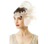 BABEYOND Serre-tête Gatsby le Magnifique des années 1920 - Bandeau à plumes avec franges dorées pour carnaval, bal et mariage - Beige