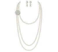 BABEYOND Vintage années 1920 Gatsby Multicouche Perle d'imitation Collier Ras du Cou avec Broche Fleur de Cristal et Perles Boucles d'oreilles