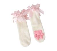 BABIBAOBEI Chaussettes à motif de chats de dessin animé avec imprimé pattes et nœuds - Confortables au milieu du mollet - Polyester et coton - Style unisexe - Mélange de coton et de polyester