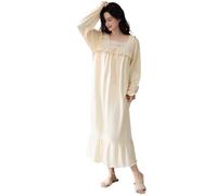 BABIBAOBEI Élégante robe de nuit à manches longues bouffantes en dentelle patchwork col carré à volants victorien chemise de nuit avec nœud papillon, beige, M