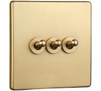 babominimer Commutateur Vintage Laiton pour Montage Mural - Finition Or 86x86mm Panneau PC Ignifuge avec Contacts Cuivre Rouge & Cosses Bronze Phosphore (3 Gang)