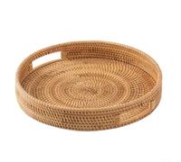 babominimer Plateau de service rond en rotin tissé à la main avec poignées, panier de rangement rustique pour cuisine, pique-nique, salon de thé ou table basse, organiseur polyvalent pour décoration