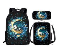 Babrukda Lot de 3 sacs à dos d'école pour enfants, cartable, boîte à déjeuner, trousse à crayons, Panda Moon, One Size