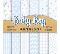 Baby Boy Scrapbook Paper Pack: 24 Double-Sided Sheets, Size 8.5 x 8.5, Blue Baby Shower Craft Paper Pad for Card Making, Junk Journal & DIY Projects