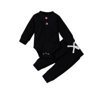 Baby Boys Girls Outfits 2 Piece Clothes Set Infant Solid Ribbed Long Sleeve Romper Tops and Pants Newborn Clothing Set Children Casual Play Clothing Sets (Black, 3-6 Months) c2s
