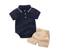 Baby Boys Summer Romper 2-Piece Set Short Sleeve Lapel Bodysuit & Matching Shorts, Infant Casual Outfits, Breathable Cotton Toddler Clothes (Dark Blue, 12-18 Months) w46n
