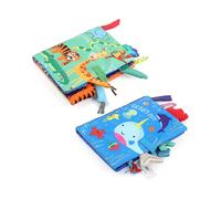 Baby Cloth Books, 2 Pack Silent Books Baby Toys with Padded 3D Animal Tail Wrinkle Sensory Touch Book Bath Toys