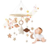 Baby Crib Mobile, Stars Clouds Moon Baby Mobile with Crisp Sound, Hand-Crocheted Wood Nursery Mobiles, Boho Crib Toys Hanging for Boys Girls