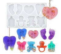 Baby Day Keychain Silicone Mold Cute Resin Mold Footprints Teeth Pendant Mold Bear Heart Shaped Decor Mould for Epoxy Resin Casting Polymer Plaster Clay Baby Memory Art Craft Charm Making