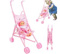 Baby Doll Pousquette Ensemble, poussette de poupée portable pliable avec, joli bébé posable avec de grands yeux et des vêtements portables, chariot pour les tout-petits filles