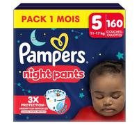 Pampers Night Pants, Taille 5, 160 Couches-Culottes, 11-17kg, Maintien 360° Contre Les Fuites Avec Un Cœur Super Absorbant Pour Une Protection Renforcée Toute La Nuit, Pack 1 Mois