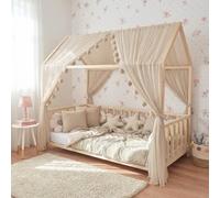 Baby Fancyroom Ciel de lit de Maison, décoration pour Chambre d'enfant, lit d'enfant, baldaquin, Guirlande de Pompons en Tulle de qualité supérieure (Beige, 380cm, avec Guirlande à Pompons)