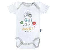 Baby Geek Chut Je Geek avec Maman - Body Bébé Manches Courtes - Coton - Blanc - Coutures Grises (3-6 Mois)