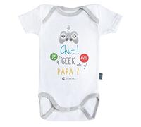 Baby Geek Chut Je Geek avec Papa - Body Bébé Manches Courtes - Coton - Blanc - Coutures Grises (3-6 Mois)