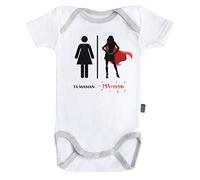 Baby Geek Ma Super Maman - Ma Super Famille - Body Bébé Manches Courtes - Coton - Blanc - Coutures Grises (12-18 Mois)