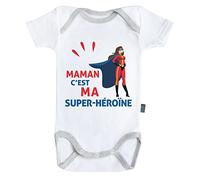 Baby Geek Maman c’est ma Super-héroïne - Body Bébé Manches Courtes - Coton - Blanc - Coutures Grises (6-12 Mois)