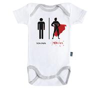 Baby Geek Mon Super Papa - Ma Super Famille - Body Bébé Manches Courtes - Coton - Blanc - Coutures Grises (3-6 Mois)