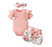 Baby Girls 3-Piece Summer Outfits Ribbed Romper, Floral Shorts & Headband Set | Cute Infant Clothes | Soft Breathable Fabric (Pink, 3-6 Months) o55o