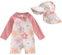 Baby Girl's Anti-Uv Long Sleeve Swimming Suit + Swim Hat Set Swimwear Newborn