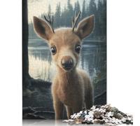 Baby Moose Calf at Forest Lake Puzzles 1000 Pièces Cadeau Unique Jeu Éducatif Challenge Toy À De Qualité Supérieure Peinture Art pour Adultes Et Enfants 1000pcs (75x50cm)