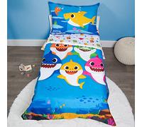 Baby Shark Parure de lit 4 pièces pour Enfant - Comprend Une Couette, Une Parure de lit, Un Drap-Housse + Un Drap Plat + Une taie d'oreiller réversible pour lit de garçons et Filles, Bleu