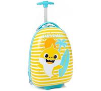 Baby Shark Valise Enfants | Garçons Filles Jaune Bleu Petite Cabine Couverture Rigide Vacances Bagages À Transporter sur Chariot avec Poignée Extensible | Requin Chanteur animé Surf en Famille
