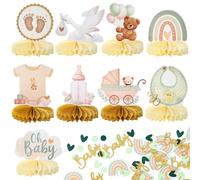 Baby Shower Decoration, 9 Deco Baby Shower avec 60 Confettis Décoratifs, Centres de Table en Nid d'abeille avec Motifs Cigogne et Oursons, Décoration de Table pour Baby Shower et Naissance