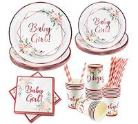 Baby Shower Decoration Assiette Kit 120PCS 24 Invités，Vaisselle Fille Carton Bapteme Fille en Carton Gobelets Serviettes Pailles, Jetable Nature Matériel,Deco Baby Shower Kit