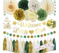 Baby Shower Decoration, Baby Shower Fille Garcon Vert Sauge Décoration de Fête Bannière Oh Baby, Décoration de Gâteau, Pompons en Papier pour Décorations de Fête de Révélation du Sexe