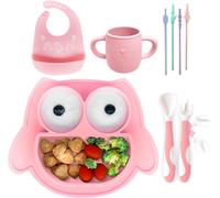 Baby Suction Plate 5-In-1 Meal Set Suction Plate + Spoon + Silicone Bib + Reusable Baby Cup + Silicone Straws-Bpa Free Silicone