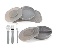 Baby Tableware Set - 6 Pieces | 1x Baby Silicone Placemat - 1x Children's Plate - 1x Divided Plate - 3x Stainless Steel Learning Cutlery | Tableware for Baby Weaning | 6 Months+ | Grey