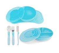 Twistshake Ensemble de Vaisselle pour Bébé - 6 Pièces | 1x Set de Table Bébé en Silicone - 1x Assiette Enfant - 1x Assiette Divisée - 3x Couverts d'Apprentissage en Acier Inoxydable | 6+ mois | Bleu