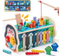 Baby Toy 1 Year Old Girl,Montessori 1 Year Old Child Toy,Baby Gift 1,2,3 Year Old Girl,Boy,6 In 1 Wooden Baby Games 1 Year With Taupe Game & Fishing Game & Xylophone Baby & Clock Game