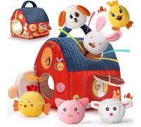 Baby Toy 6 Months Farm Animals Plush Montessori Games with Barn,Rattles,Mirrors Montessori Sensory Toy with Barn,Baby Gift 3 6 9 12 18 Months Boy Girl