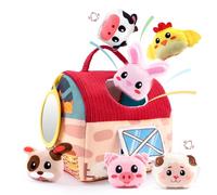 Baby Toys 6-12 Months Soft Barn Toy Mini Plush Animal House with Stuffed Farm Animals, Piglet, Lamb, Puppy, Calf, Chick, and Bunny 6 Sensory Toys for Toddlers 1-3 Year Old Boys Girls Birthday Gift