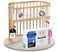 babybay Original lit cododo en Bois de hêtre Massif/Compact et modulable/Hauteur du lit réglable en continu/lit bébé évolutif (Vernis Naturel) / avec Matelas, Barres, Roues