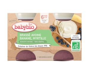 Babybio Brassé Avoine-Banane-Myrtilles Dessert Végétale Pour Bébés Dès 6 Mois Bio Pots 2x130g